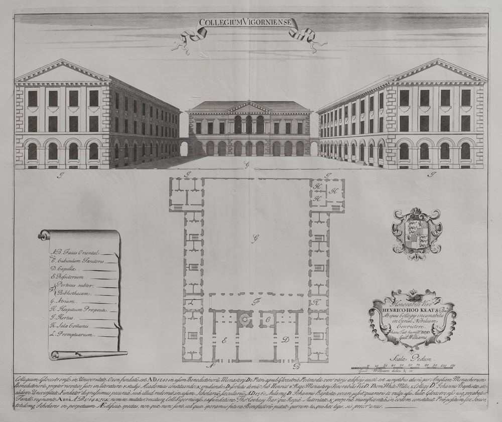Elevation of the planned design for Worcester College in 1733, including the southern terrace which was never built.