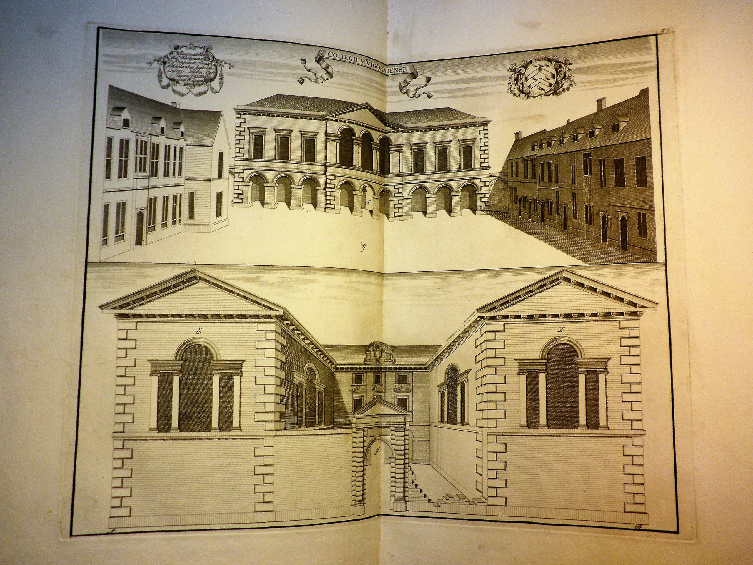 Print of two views of Worcester College, the front quad and the proposed front facade.