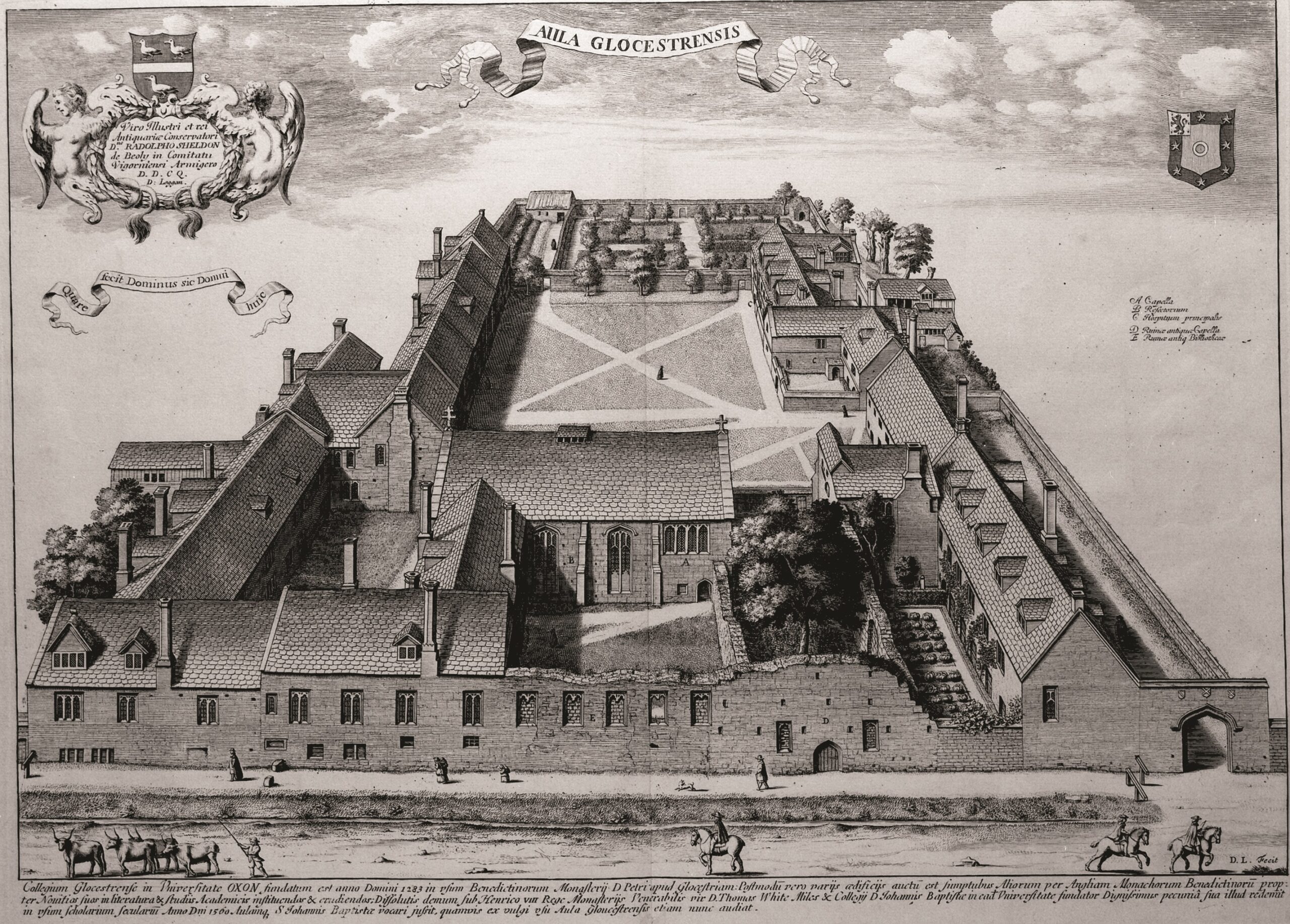 Engraving of a bird's-eye view of Gloucester Hall.