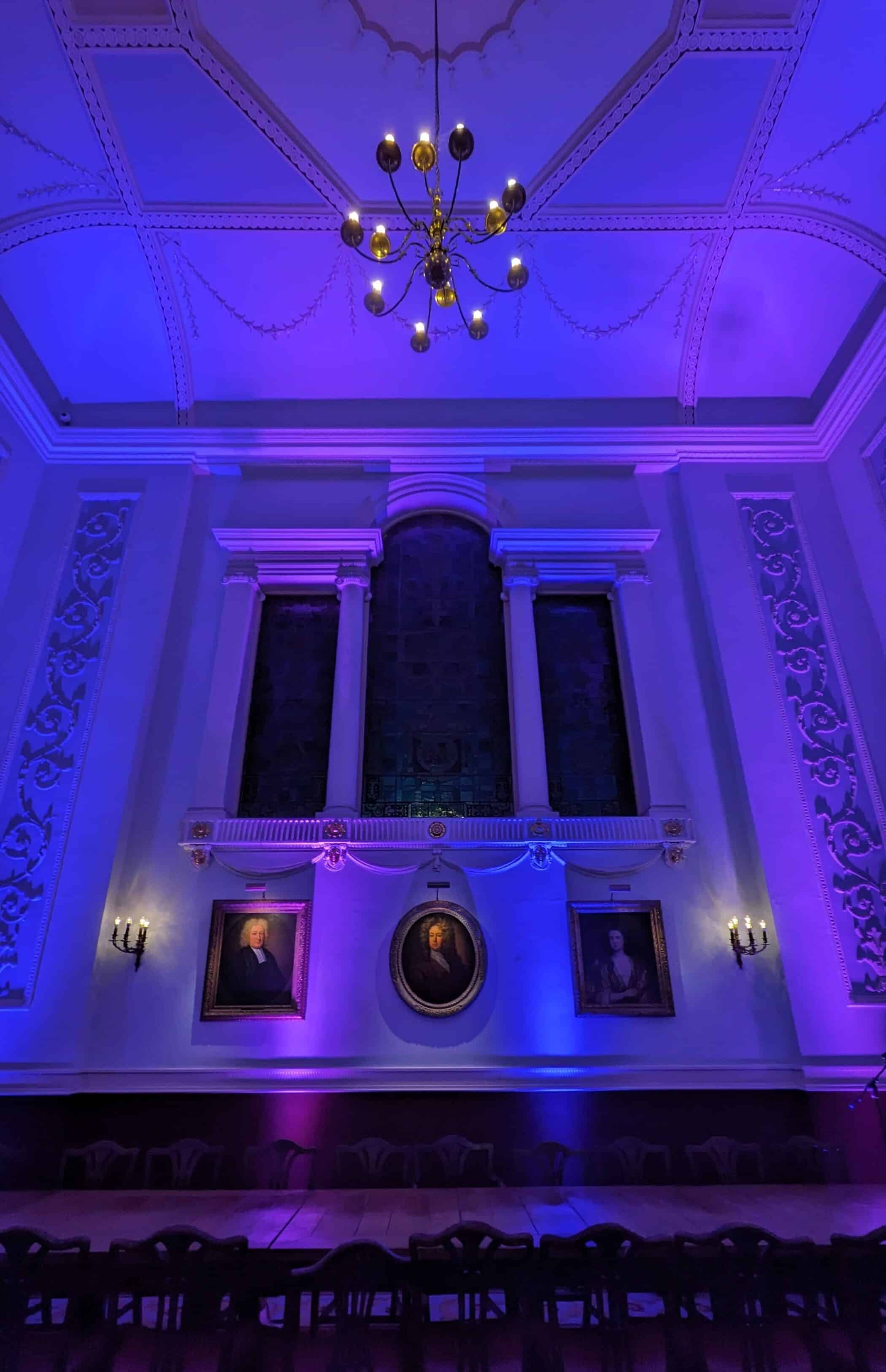 Dining Hall illuminated with uplighters