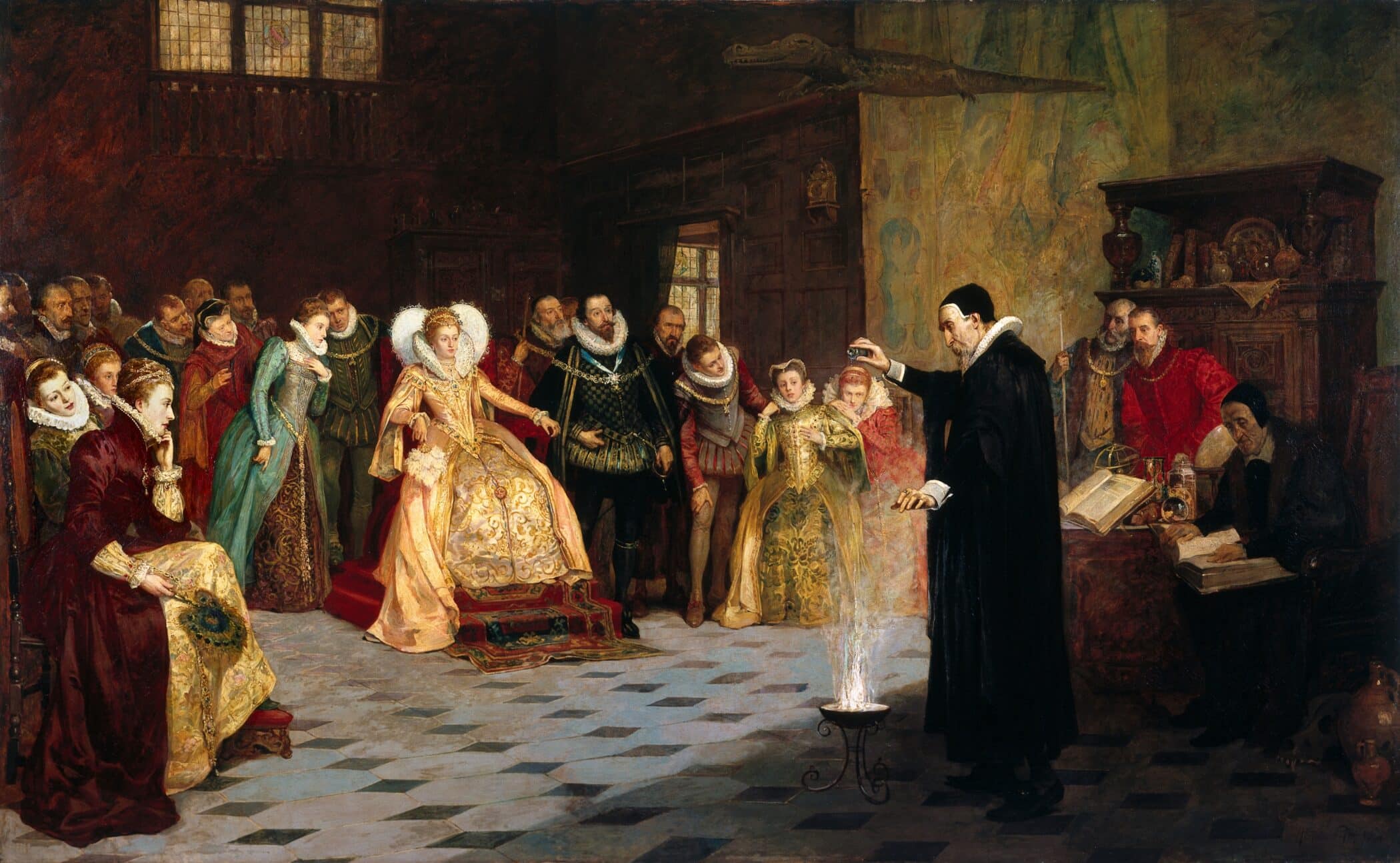 An oil painting of John Dee performing an experiment before Queen Elizabeth I, who sits on a dais, surrounded by her court.