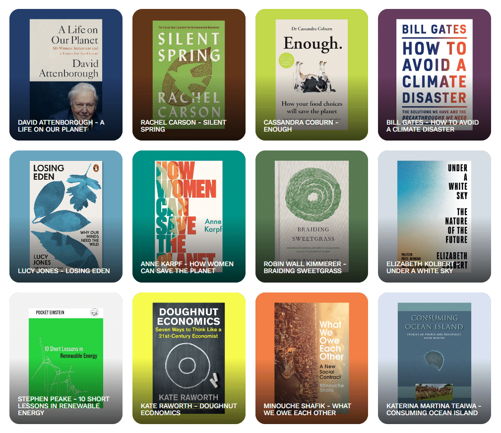 Composite of book covers from sustainability on the shelves project