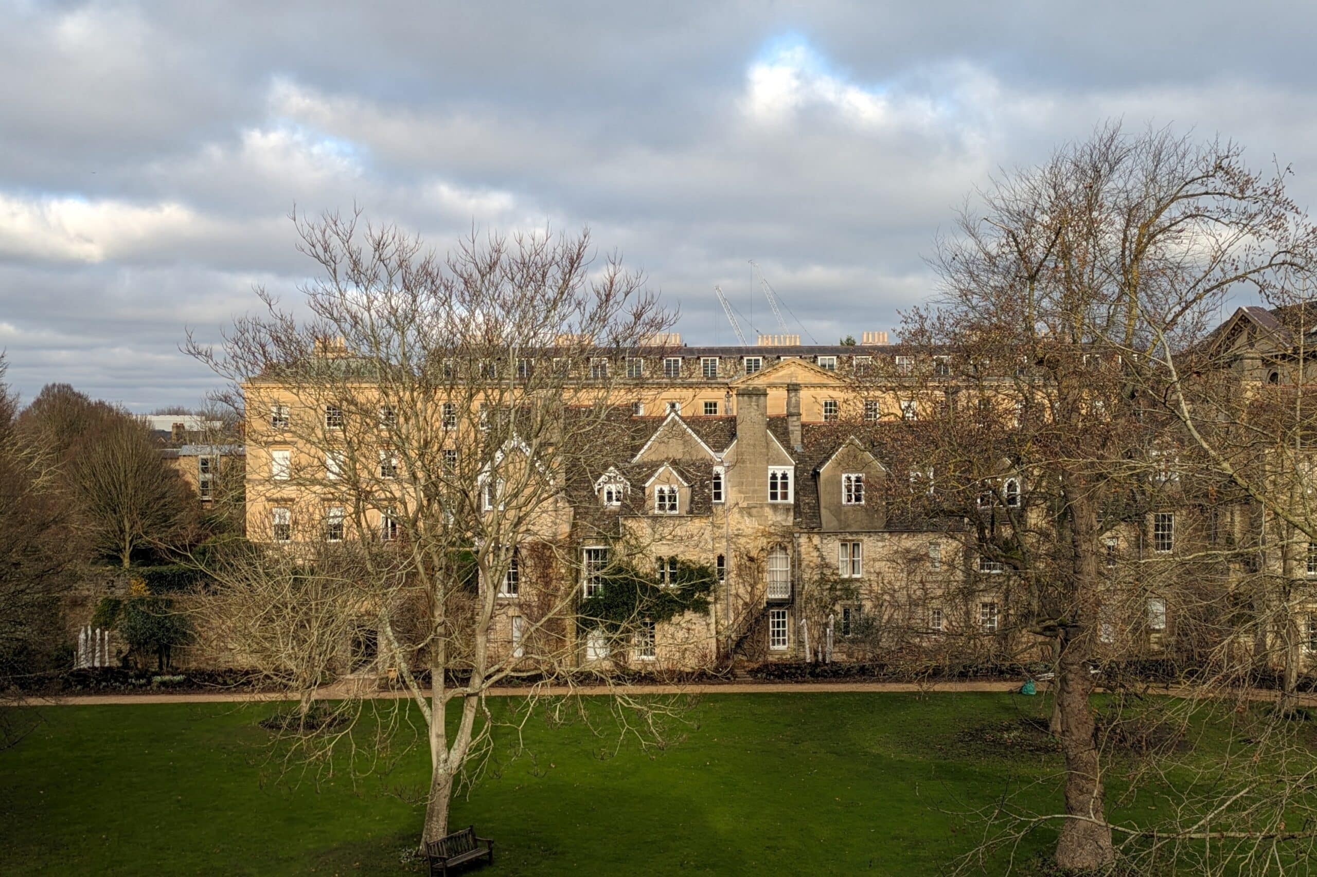 Medieval cottages and trees seen from top floor of Casson Building