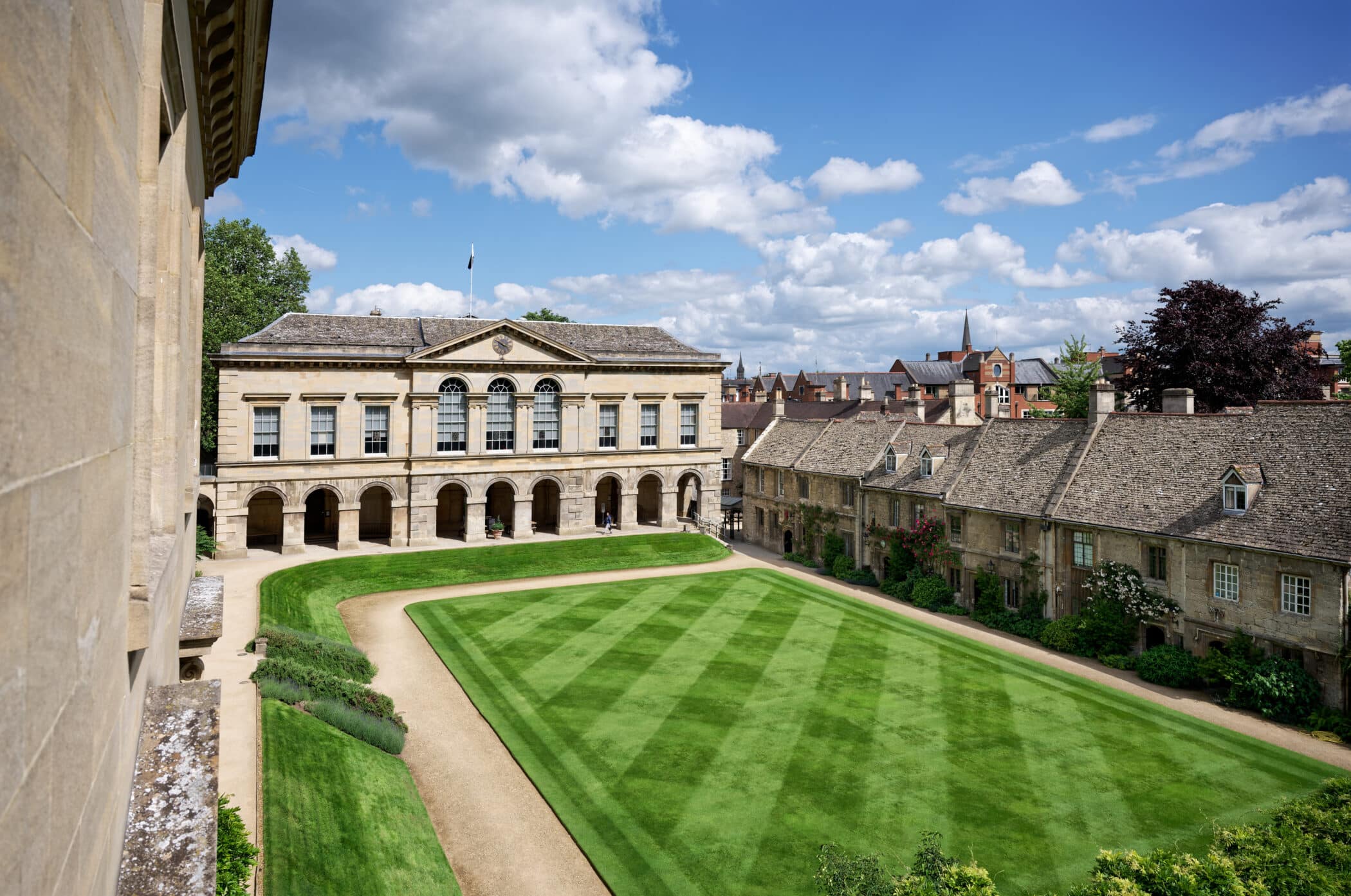 Elevated view of main quad buildings and lawn