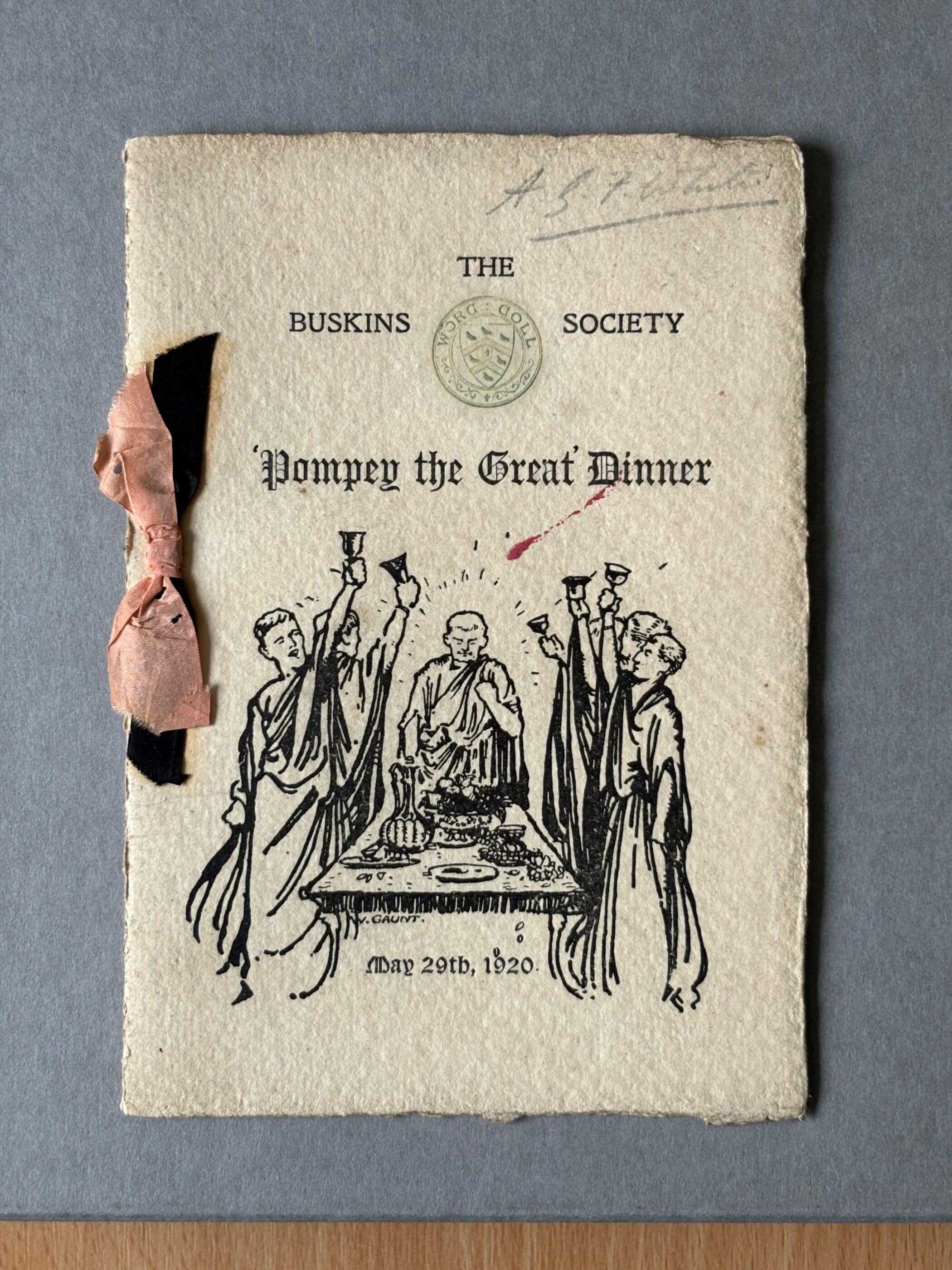 Menu from a dinner celebrating the production of Pompey the Great