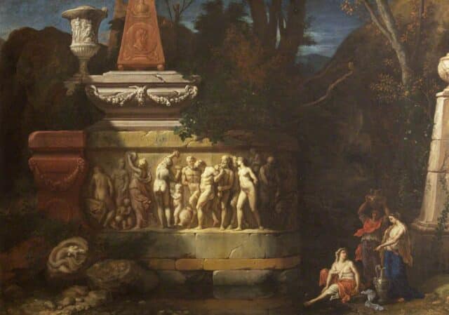 Oil painting of Three Nymphs by a Pool before a Sarcophagus