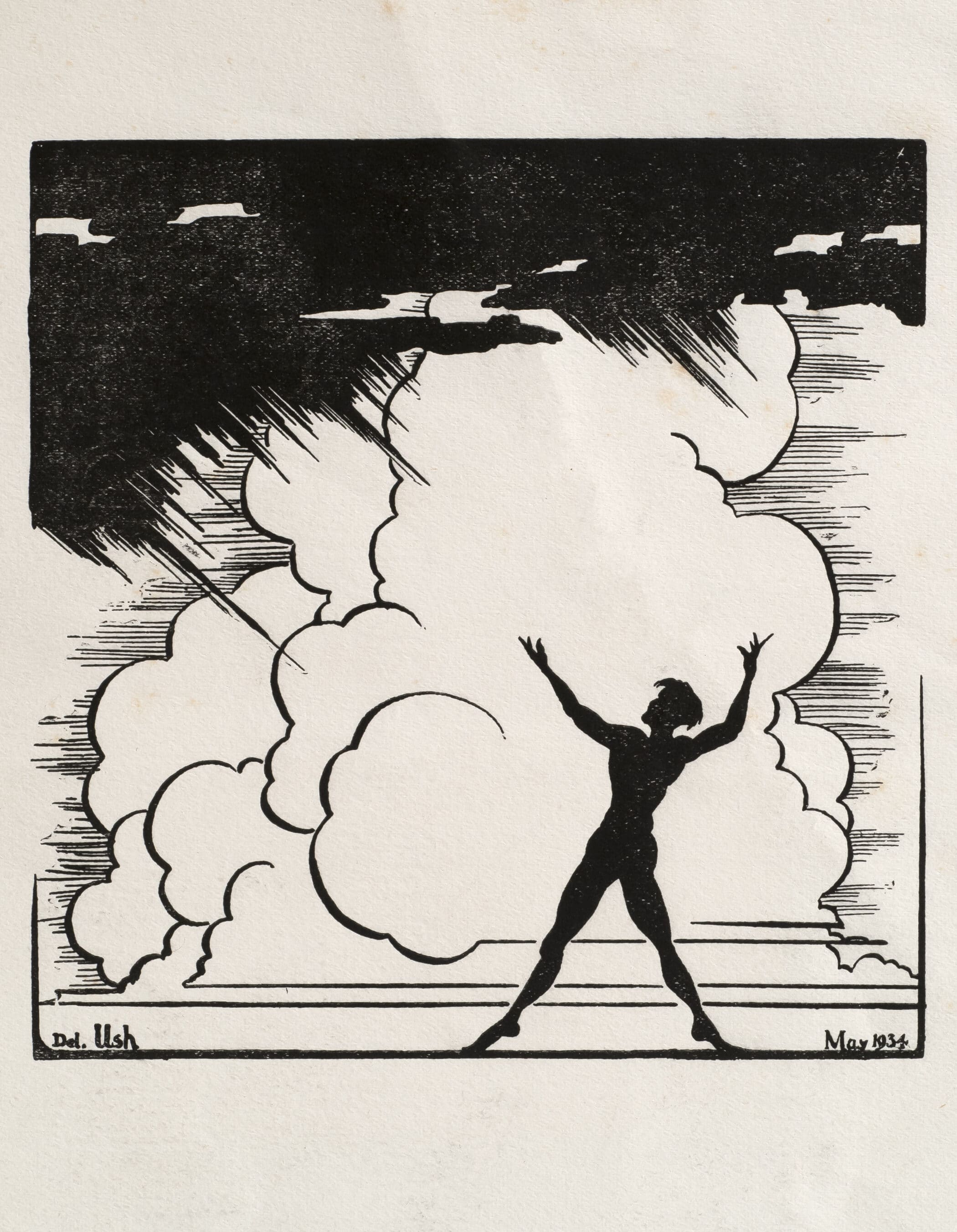 Illustration of a figure standing before thunder clouds