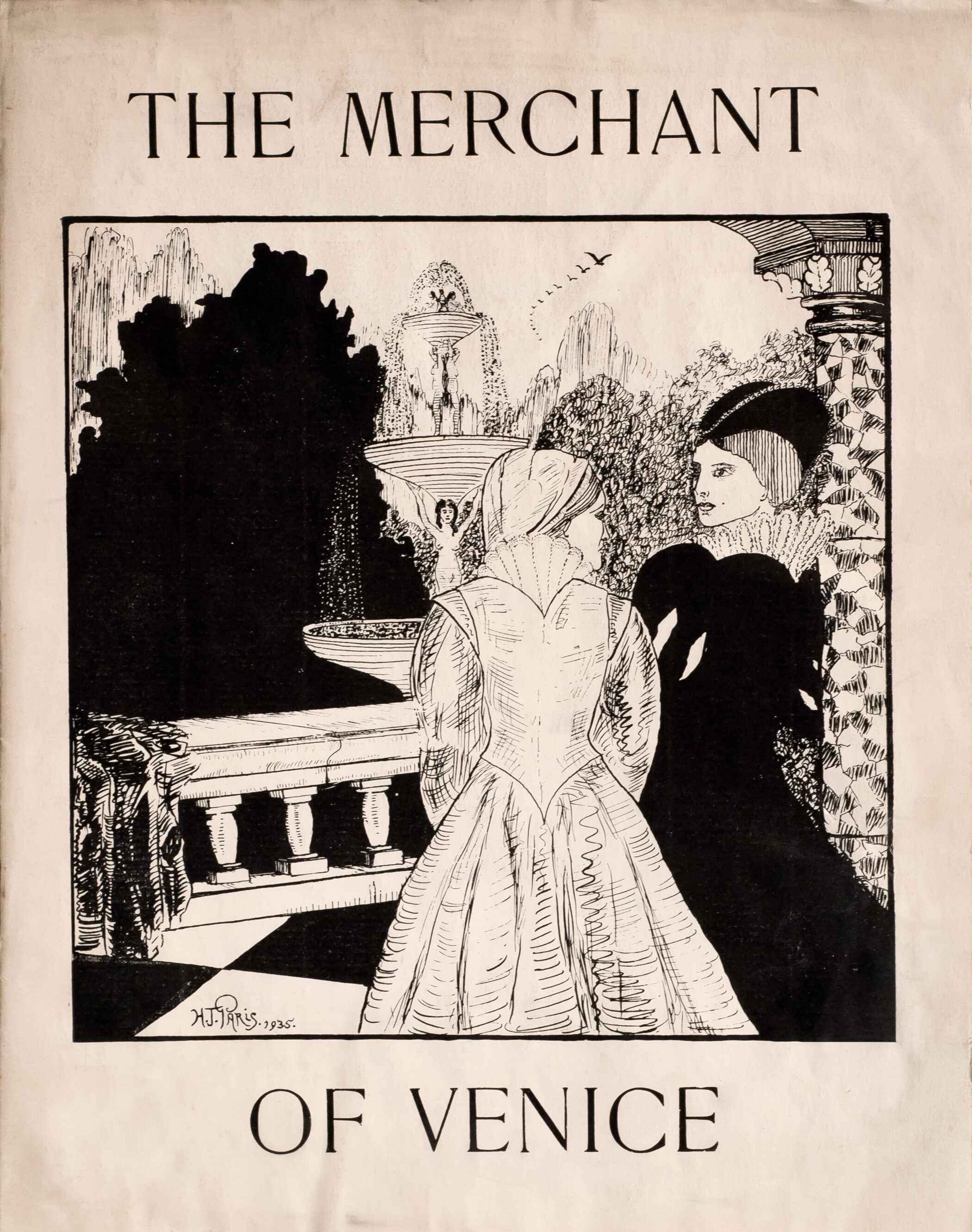 Poster for The Merchant of Venice with illustration of two women in front of a fountain