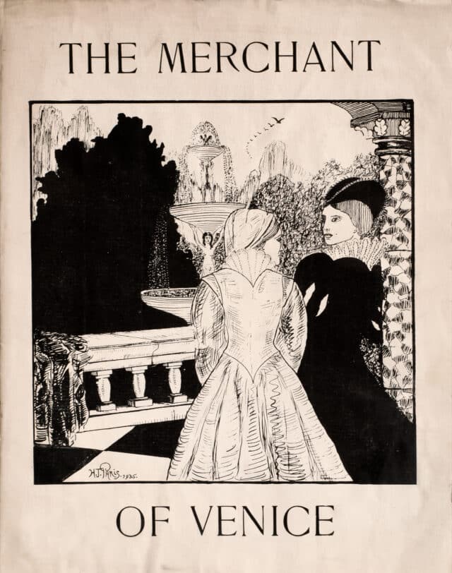 Poster for The Merchant of Venice with illustration of two women in front of a fountain
