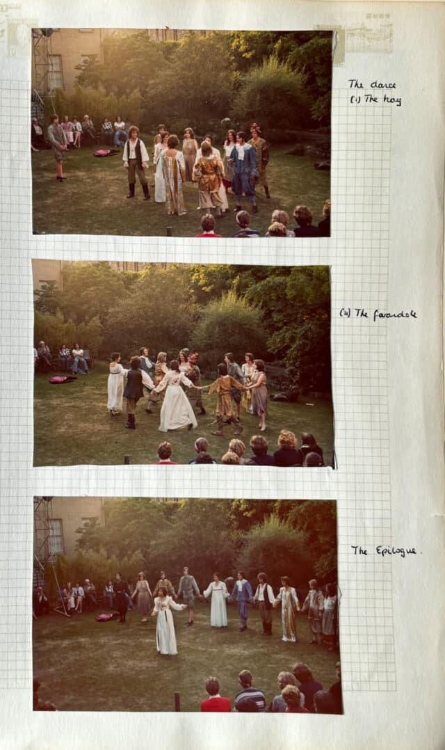Three photos of groups of actors dancing