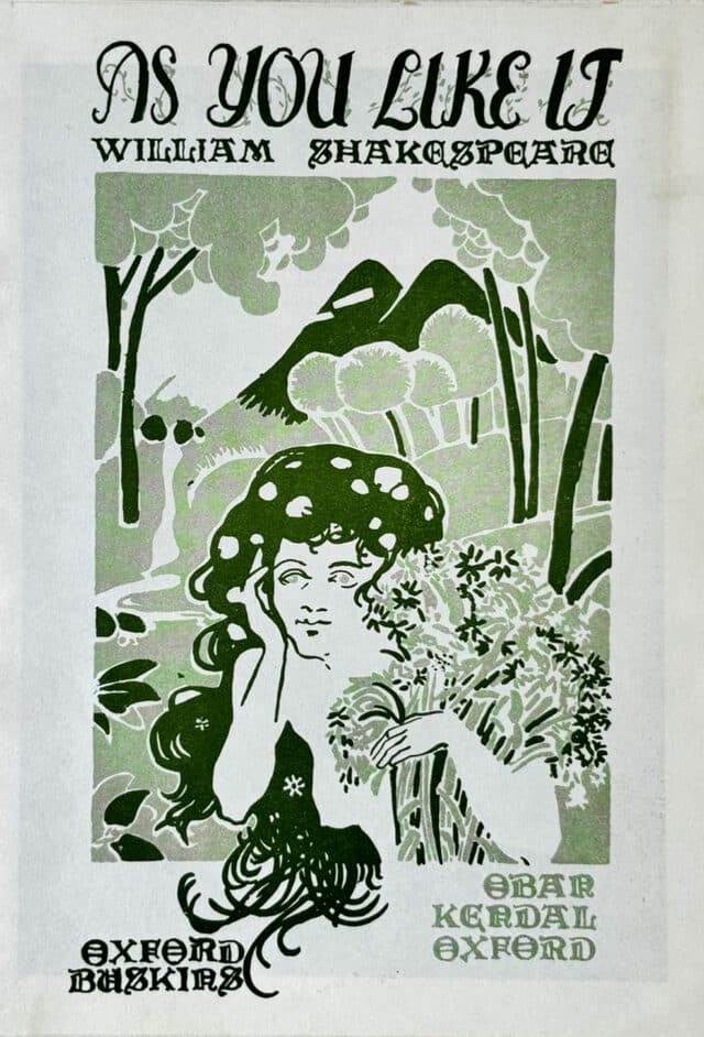 Programme for As You Like It with green illustration of woman in forest
