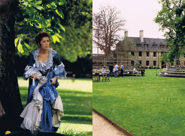 Photographs of actor behind tree and raked seating
