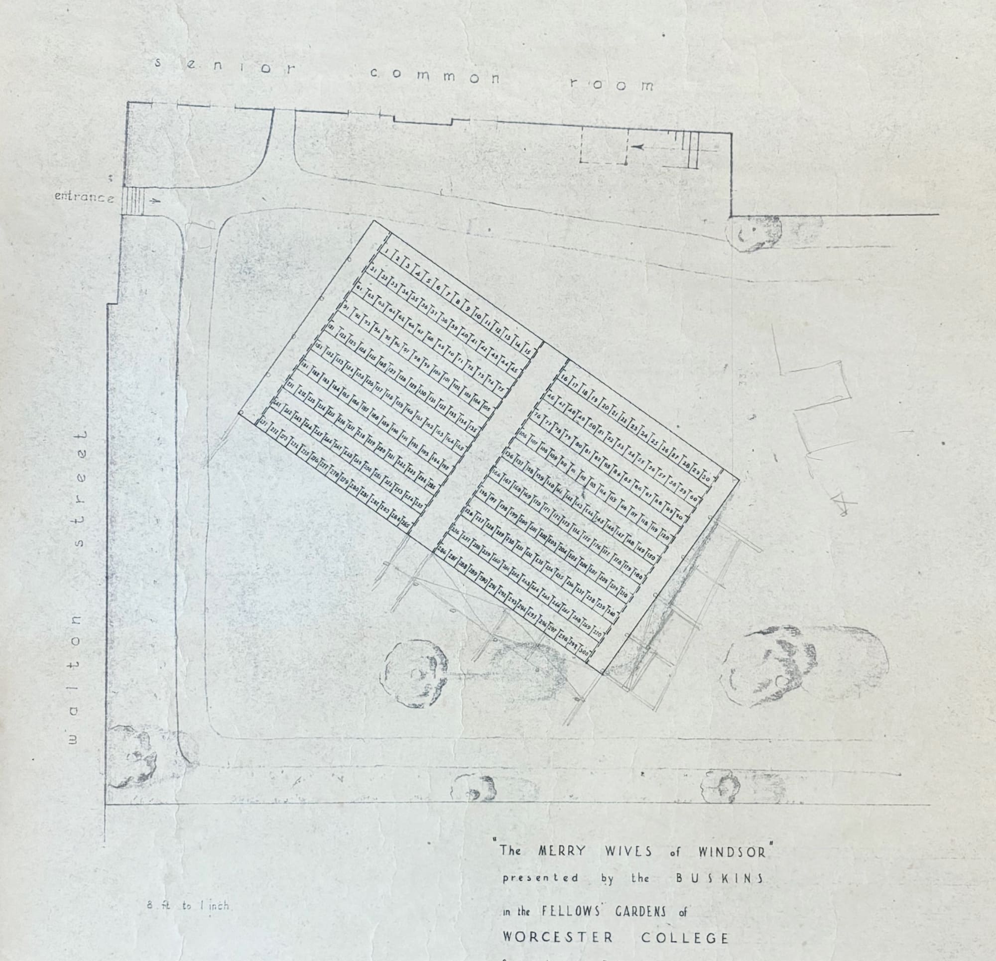 Overhead plan of raked seating in the Fellows' Garden