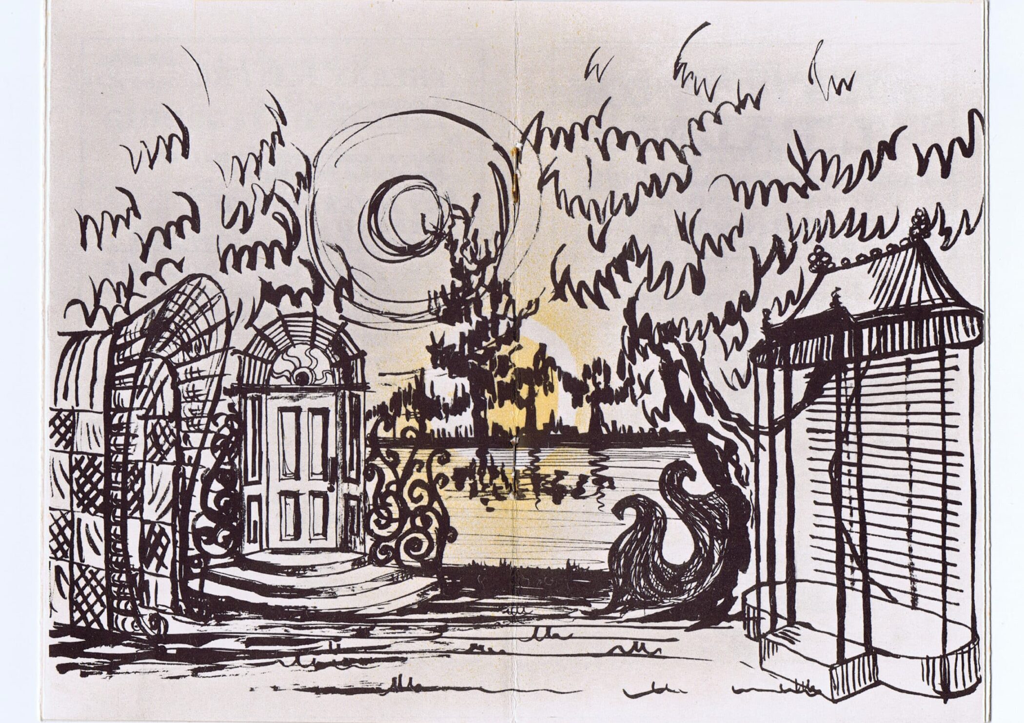 Ink drawing of lakeside staging