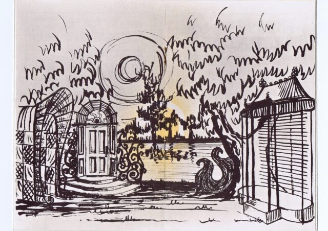 Ink drawing of lakeside staging