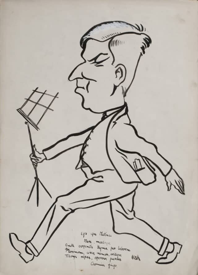 Caricature of tutor running with music stand