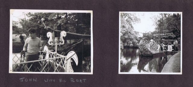 Photographs of a floating barge for The Tempest captioned 'John and his boat'