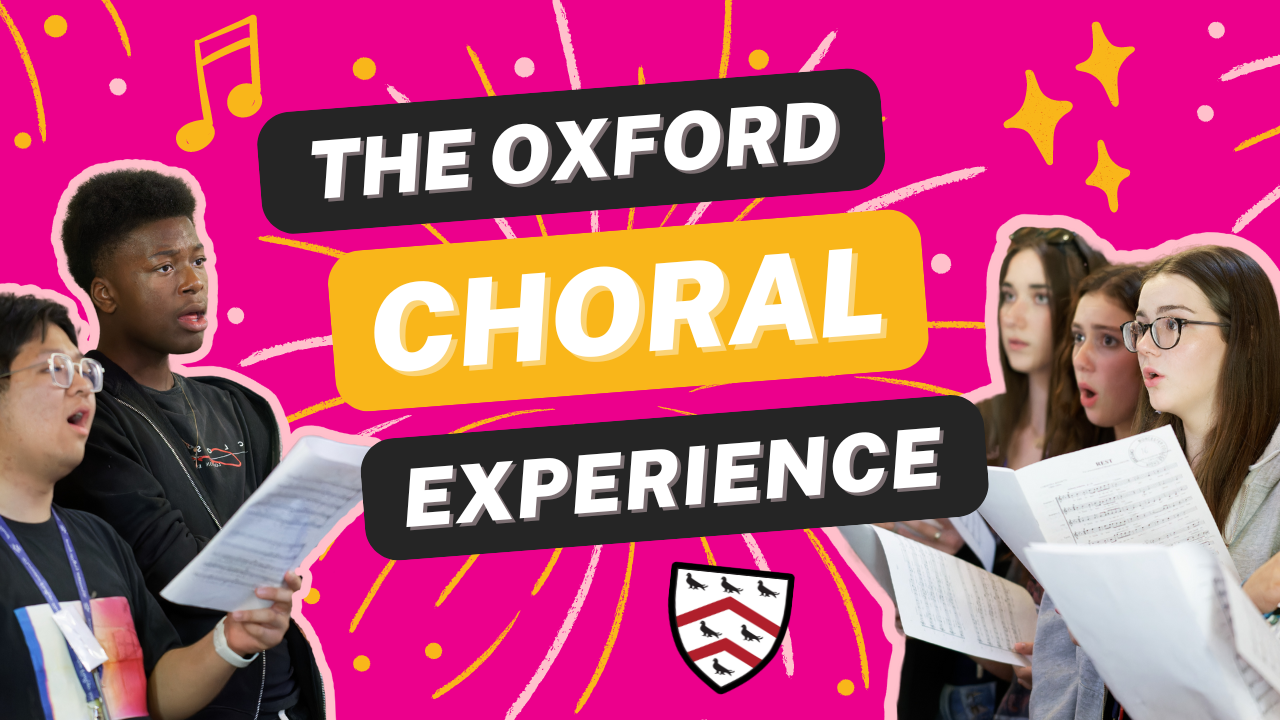 YouTube thumbnail with pictures of singers, pink background and title The Oxford Choral Experience