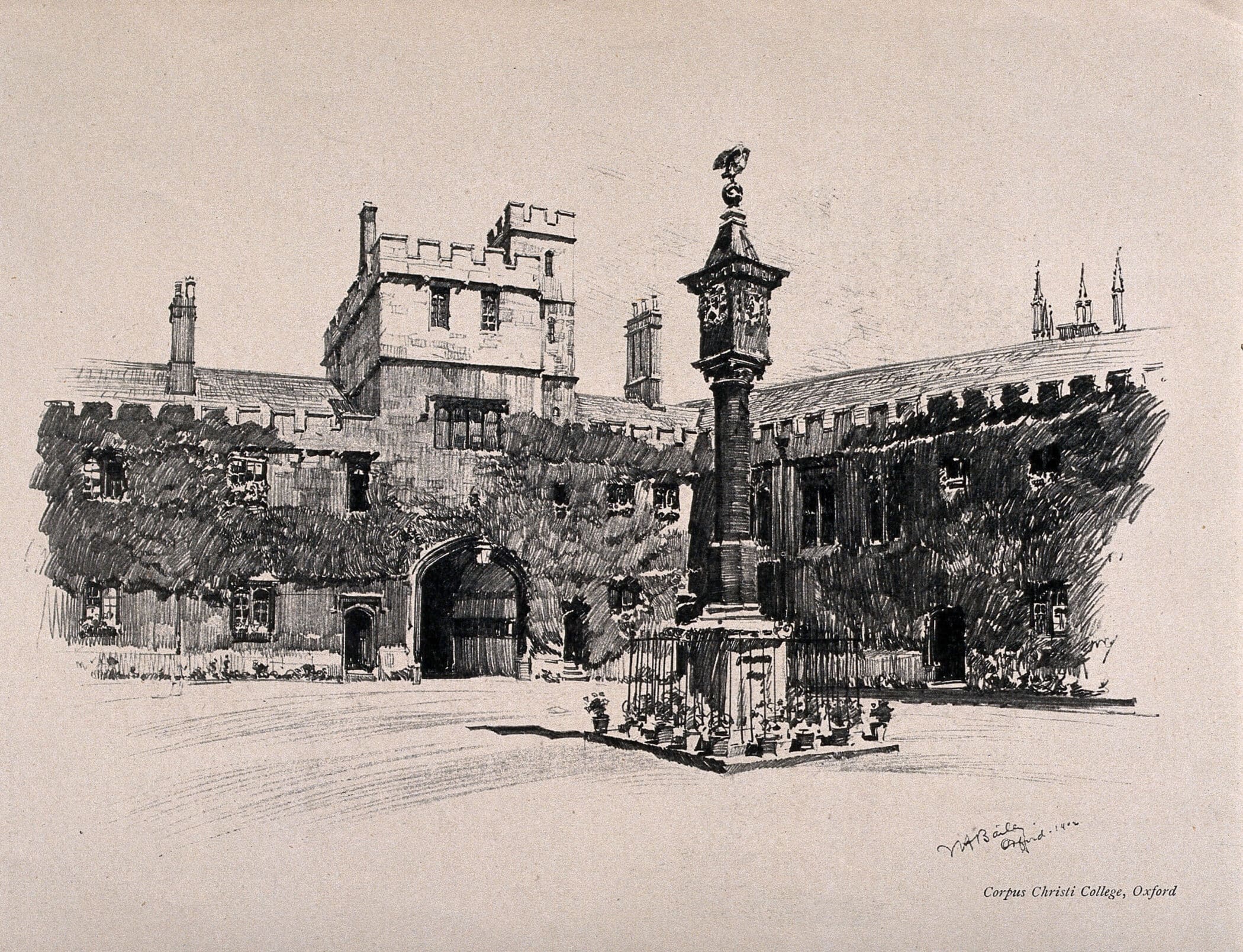 Pen drawing of Corpus Christ College quad