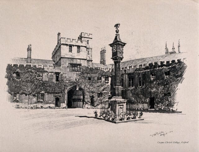 Pen drawing of Corpus Christ College quad