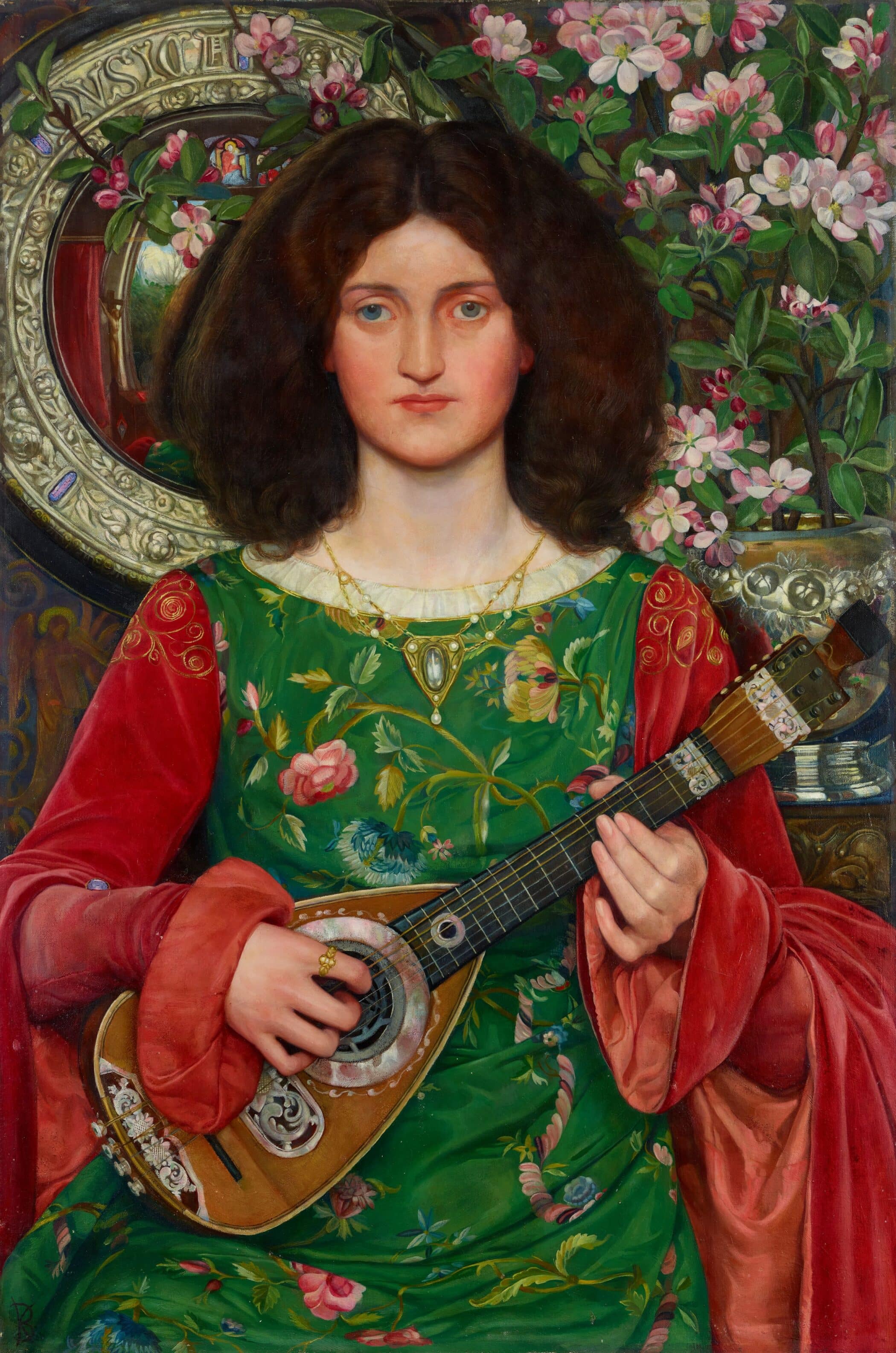 Painting of a woman playing a stringed instrument in an embroidered dress