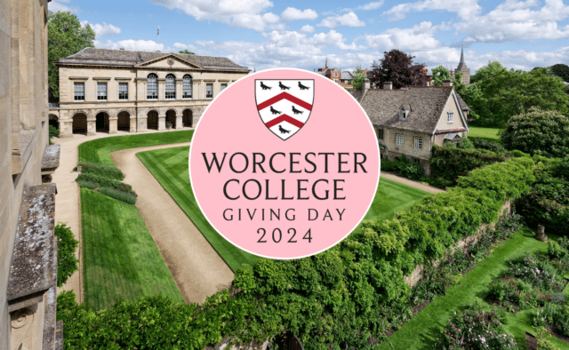 The main quad with Worcester College Giving Day 2024 logo