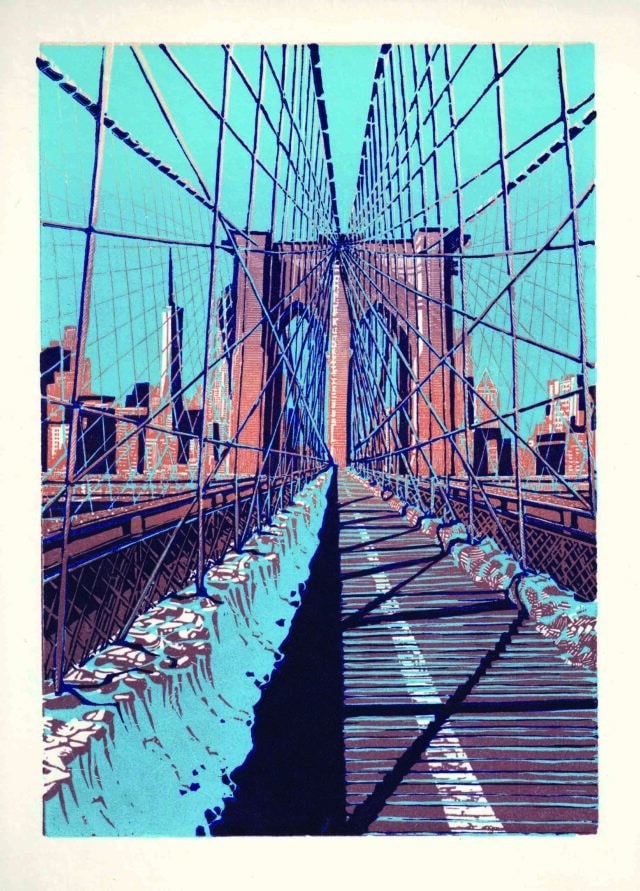 Woodcut print of Brooklyn Bridge