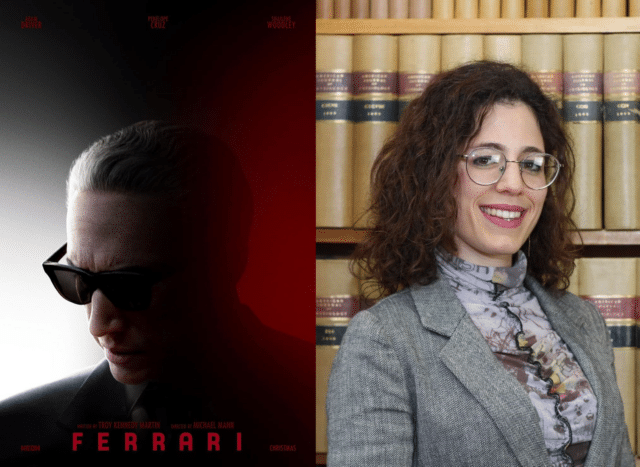 Poster for Ferrari and headshot of Helena Rodriguez Caro 
