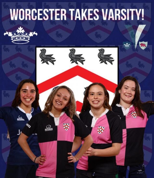 Four students in pink rugby shirts with the title Worcester Takes Varsity!