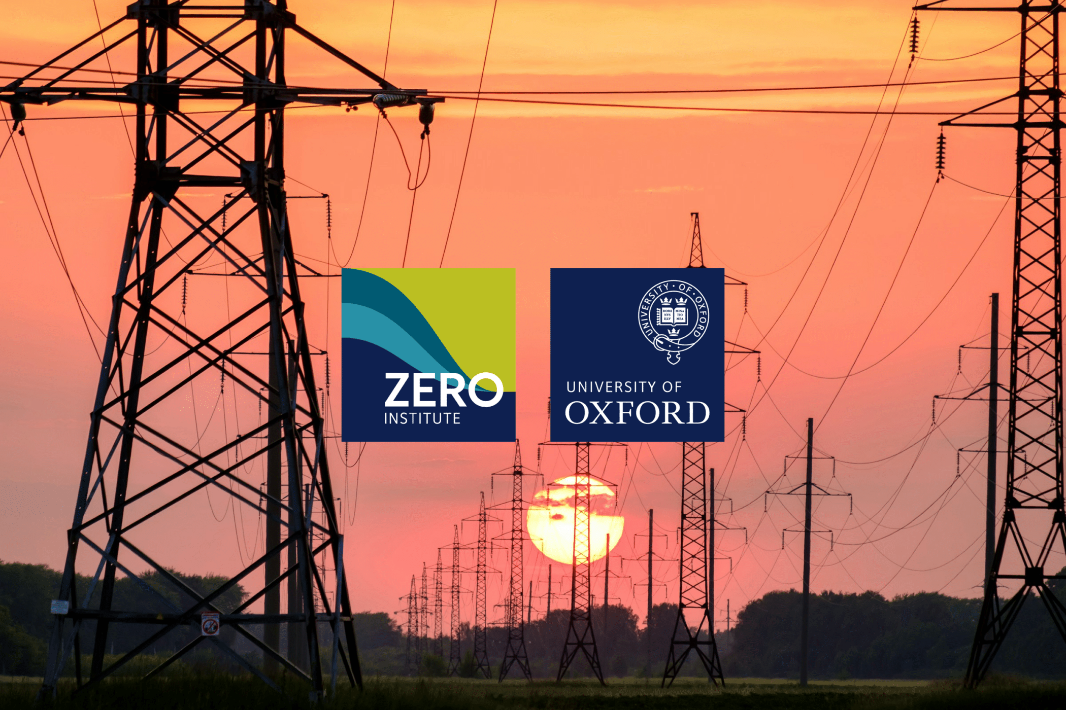 Electricity pylons at sunset with ZERO Institute logo