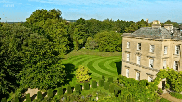 Arial view of Provost's Garden lawn mown in concentric circles
