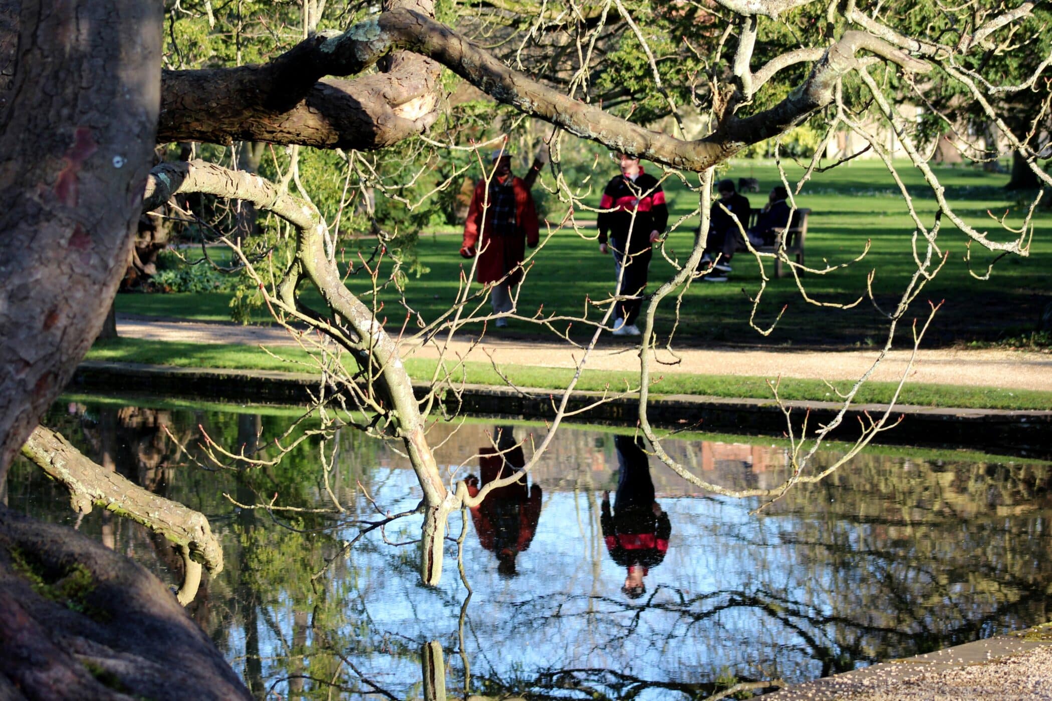 Reflection of two walkers in the lake