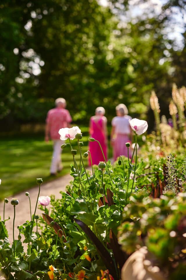 Group walking by flowers